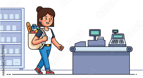 Grocery Shopper's Checkout: A cheerful grocery shopper strides confidently towards the checkout counter, a reusable tote bag brimming with fresh provisions and a smile that speaks of satisfaction.