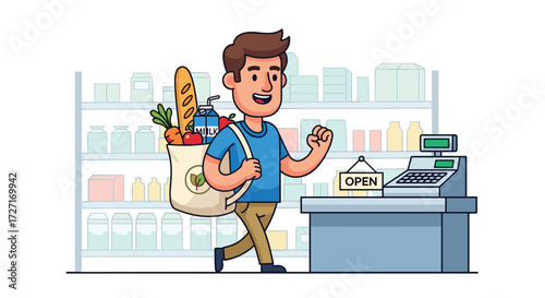 Grocery Shopping: A person with a shopping bag full of groceries walks past the counter at the supermarket, smiling.