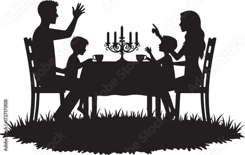 Black silhouette family at dining table with candelabra