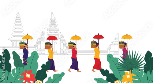 Balinese women carrying offerings to a temple in a colorful illustration.