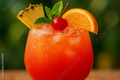 Close-up of Jamaican rum punch in a chilled glass, vibrant red