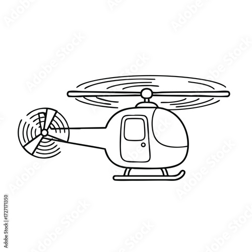 A detailed line drawing of a helicopter showcasing its rotor blades and fuselage in a simplistic style.
