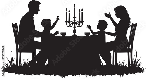 Black silhouette of a family at a table with a candelabra