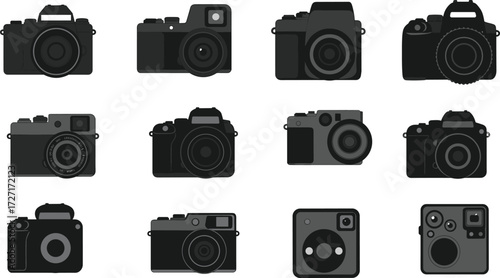 Collection of vintage and modern camera icons, flat design photography equipment set, retro digital cameras illustration, DSLR, compact, instant