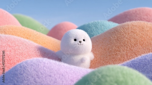 Smiling fuzzy white ball among colorful soft shapes. AI image