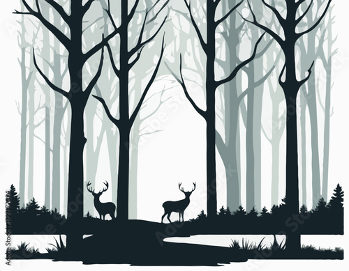 silhouette of deer and trees in forrest on white background