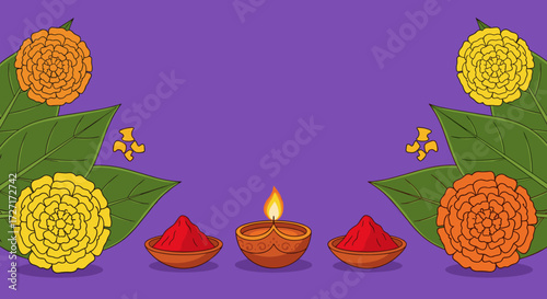 Diwali festival background with a lit diya lamp, marigold flowers, and kumkum powder.