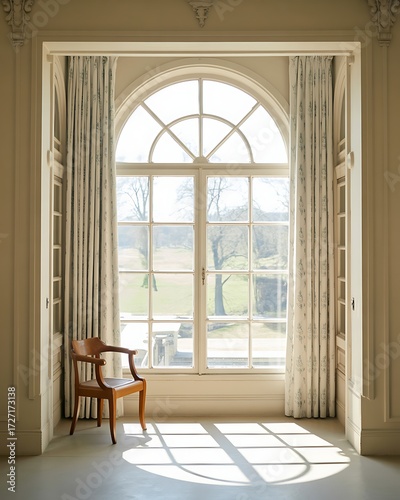 Sunlit room with arched window, chair, and curtains creates a serene scene