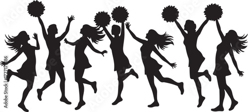 Black silhouettes of cheerleaders with pom poms jumping