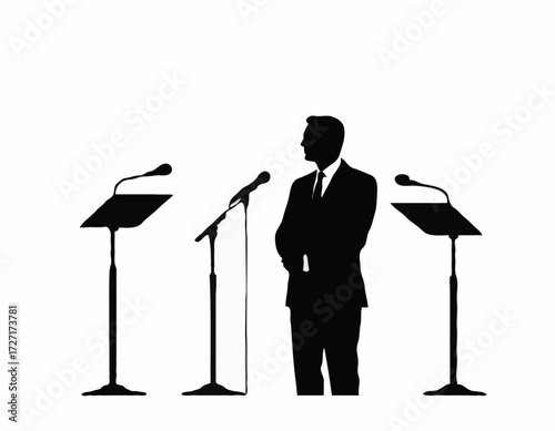 silhouette of the politician before a microphone white background