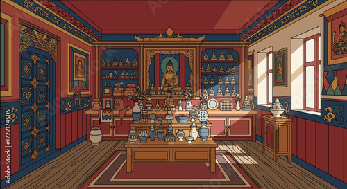 A detailed illustration of a serene Buddhist shrine room, showcasing intricate decor and a peaceful atmosphere.