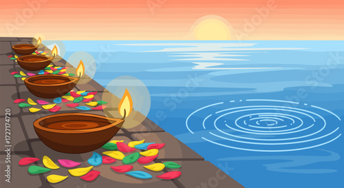 Diwali celebration with oil lamps on a riverside walkway at sunset.
