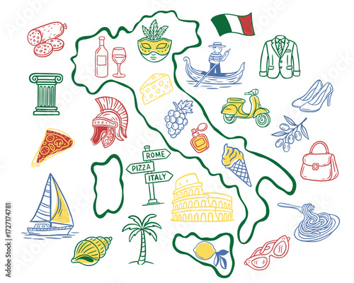 Colorful doodle illustration with Mediterranean culture, food, travel, fashion and lifestyle elements around a decorative map outline