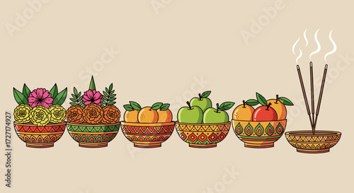 Ornamental bowls filled with fruits and flowers, incense sticks, likely a cultural or religious offering.