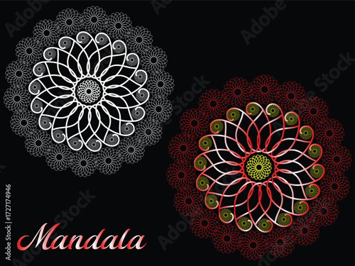Two mandala designs in white and red on a black background for creative projects