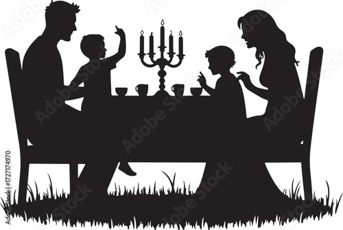 Family silhouette at a table with candelabra and cups