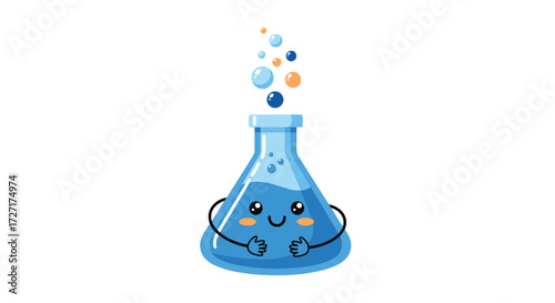 A cute animated beaker with a smiling face and blue liquid bubbles rising from its spout.