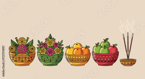 An illustrated set of traditional offerings with flowers, fruit, and burning incense sticks in ornate, decorative bowls.