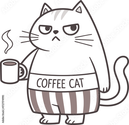 Vector art of grumpy cat with coffee mug and text coffee cat on its pants