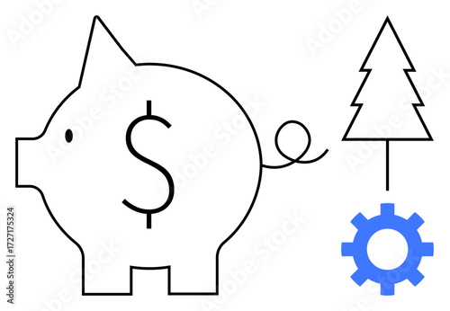 Piggy bank with dollar sign, tree, and blue gear representing financial savings, environmental sustainability, and growth. Ideal for investment, ecology, planning, balance innovation economy