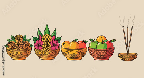 A collection of traditional offerings for a ceremony, including baskets of flowers, fruits, and burning incense sticks.