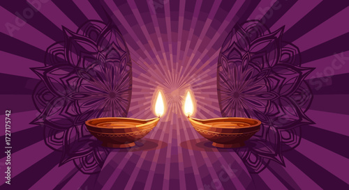 Two glowing diyas casting light against a purple background with mandala patterns and radiating beams.