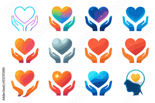 Compassion Icons. Creative Compassion Icons set of icons in abstract flat : neon glowing compassion, rainbow gradient compassion, cosmic glowing