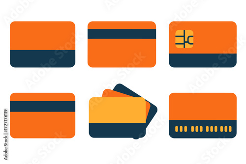 Credit Card Icons. Classic Credit Cards set of icons in abstract flat : plain card front, plain card back, card with chip, card with magnetic stripe