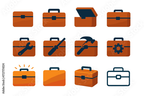 Toolbox Icons. Toolbox Variations set of icons in abstract flat : simple toolbox, toolbox with handle, open toolbox, closed toolbox, toolbox with
