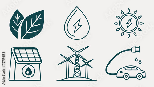 Clean Energy Icons Set – Solar, Wind, Hydro & EV Sustainability Symbols