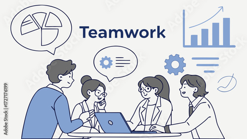Teamwork Illustration Collaborative Office Meeting with Data Charts and Productivity Icons
