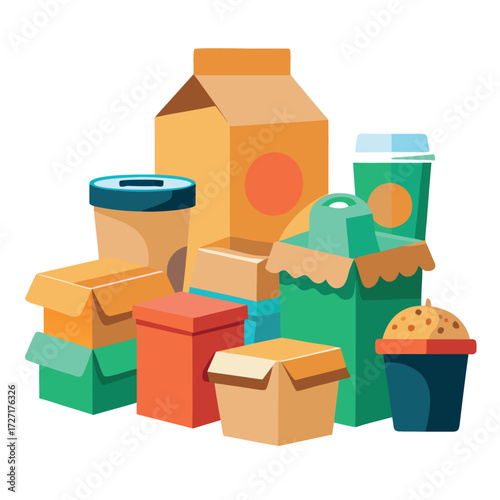 Fast food packaging set illustration with paper boxes, cardboard containers, juice carton, and takeaway cups with straws, colorful vector design on white background