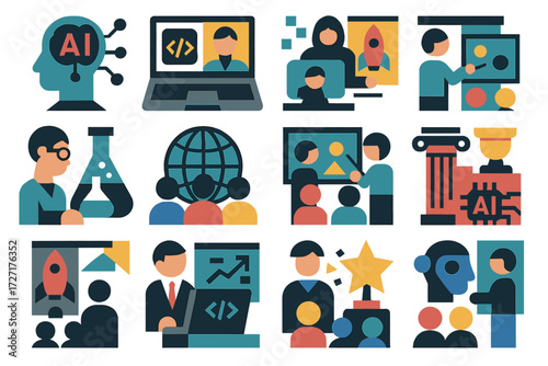 Event Icons. Event Training Models set of icons in abstract flat : AI workshop model, coding bootcamp model, hackathon model, startup pitch model,