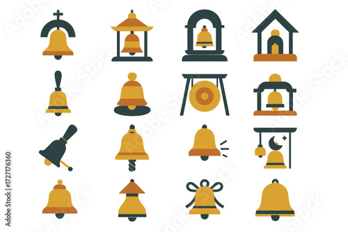 Ritual Bells. Religious & Ritual Bells set of icons in abstract flat : church bell, temple bell, monastery bell, shrine bell, prayer bell,