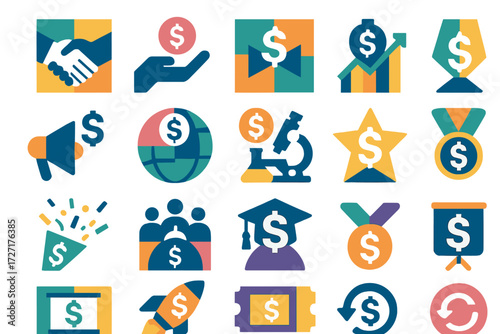 Event Dollar Icons. Event Dollar Signs set of icons in abstract flat : dollar sign for business deal, dollar sign for fundraising, dollar sign for