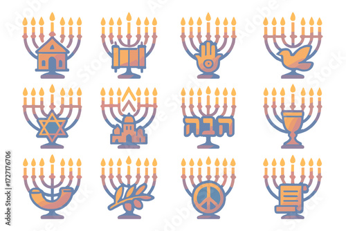Cultural Hanukkiah Icons. Cultural Hanukkiah set of icons in gradient flat : hanukkiah with synagogue, hanukkiah with Torah scroll, hanukkiah with