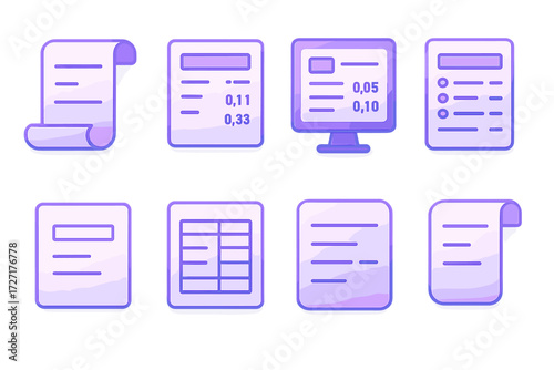 Bank Statement Icons. Basic Bank Statements set of icons in gradient flat : rolled-up bank statement, open bank statement with numbers, digital bank