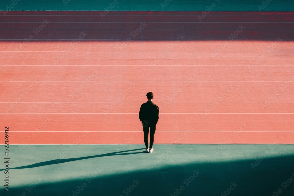 Obraz premium Silhouette of a young athlete standing on a running track, casting a long shadow, contemplating upcoming competitions and personal goals