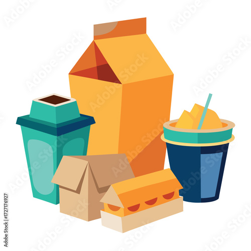 Fast food packaging set illustration with paper boxes, cardboard containers, juice carton, and takeaway cups with straws, colorful vector design on white background