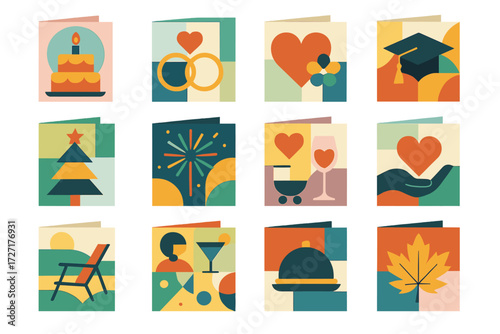 Celebration Icon Collection. Celebration Invites set of icons in abstract flat : birthday invite card, wedding invite card, anniversary invite card,