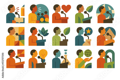 Assertive Speech Icons. Event Assertive Speech set of icons in abstract flat : assertive speech school project, assertive speech community event,