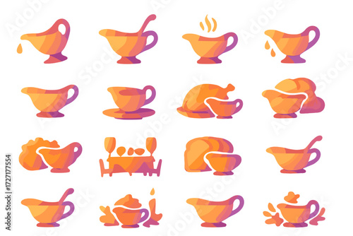 Gravy Boat Icons. Gravy Boat Serving set of icons in gradient flat : gravy boat pouring, gravy boat with ladle, gravy boat with steam, gravy boat with