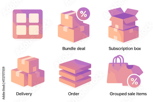 E-commerce Icon Set. E-commerce Products set of icons in gradient flat : product grid, bundle deal stack, subscription box pile, delivery packages,