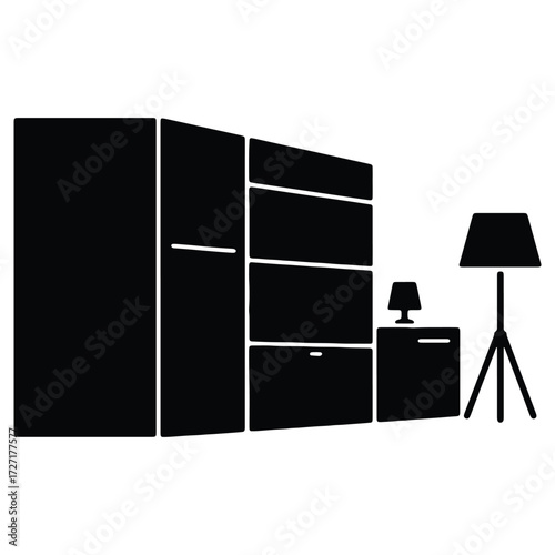 Modern furniture arrangement featuring wardrobe cabinets drawers and table lamps in black