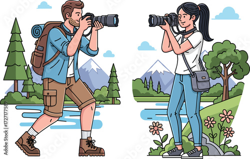 Outdoor photography, scenic nature, mountain landscape, hikers with cameras, adventure travel, pine trees, lake view, backpack gear, photo hobby, illustration style