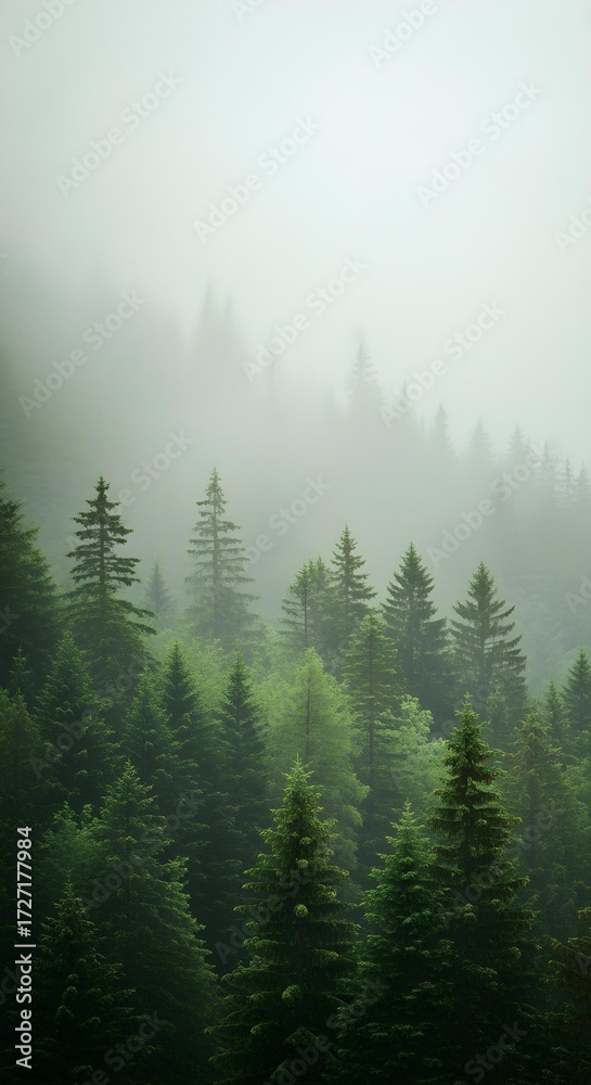 Fototapeta premium Aerial view of misty pine forest on a mountain slope