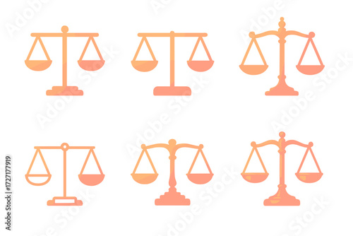 Balance Scale Icons. Basic Balance Scales set of icons in gradient flat : classic two-pan balance scale, equal-arm balance scale, beam balance scale,