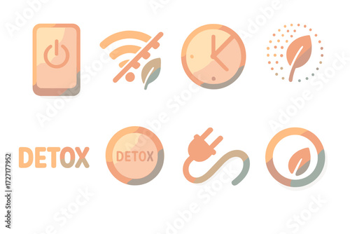 Digital Detox Icons. Detox Variations set of icons in gradient flat : phone with power off, Wi-Fi with slash and leaf, clock with no-screen icon,