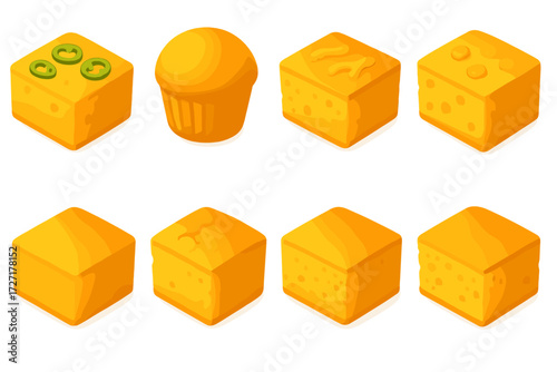 Cornbread Icon Medley. Cornbread Variations set of icons in gradient flat : jalapeño cornbread, sweet cornbread muffin, cheesy cornbread slice,