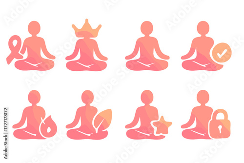Yoga Icons Set. Wellness Indicators set of icons in gradient flat : yoga time with ribbon, yoga time with crown, yoga time with infinity, yoga time